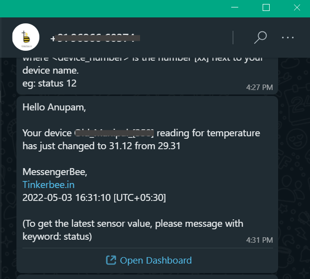 tinkerbee dashboard whatsapp alerts